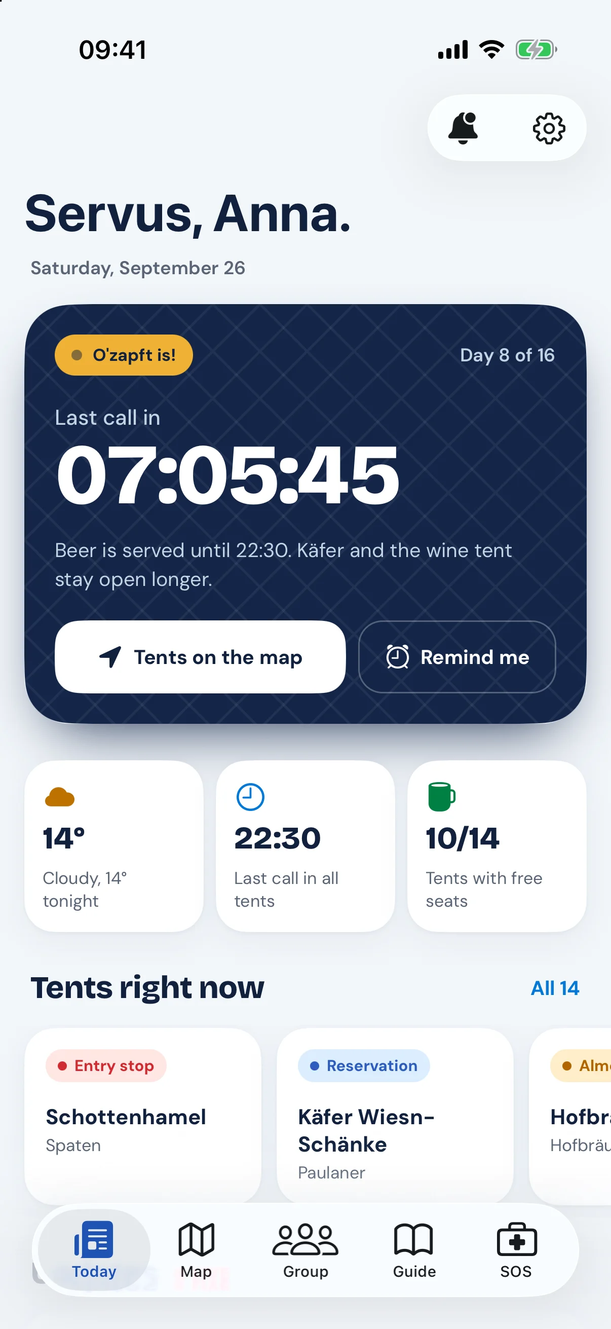 Home screen with a countdown to last call, weather and tent status