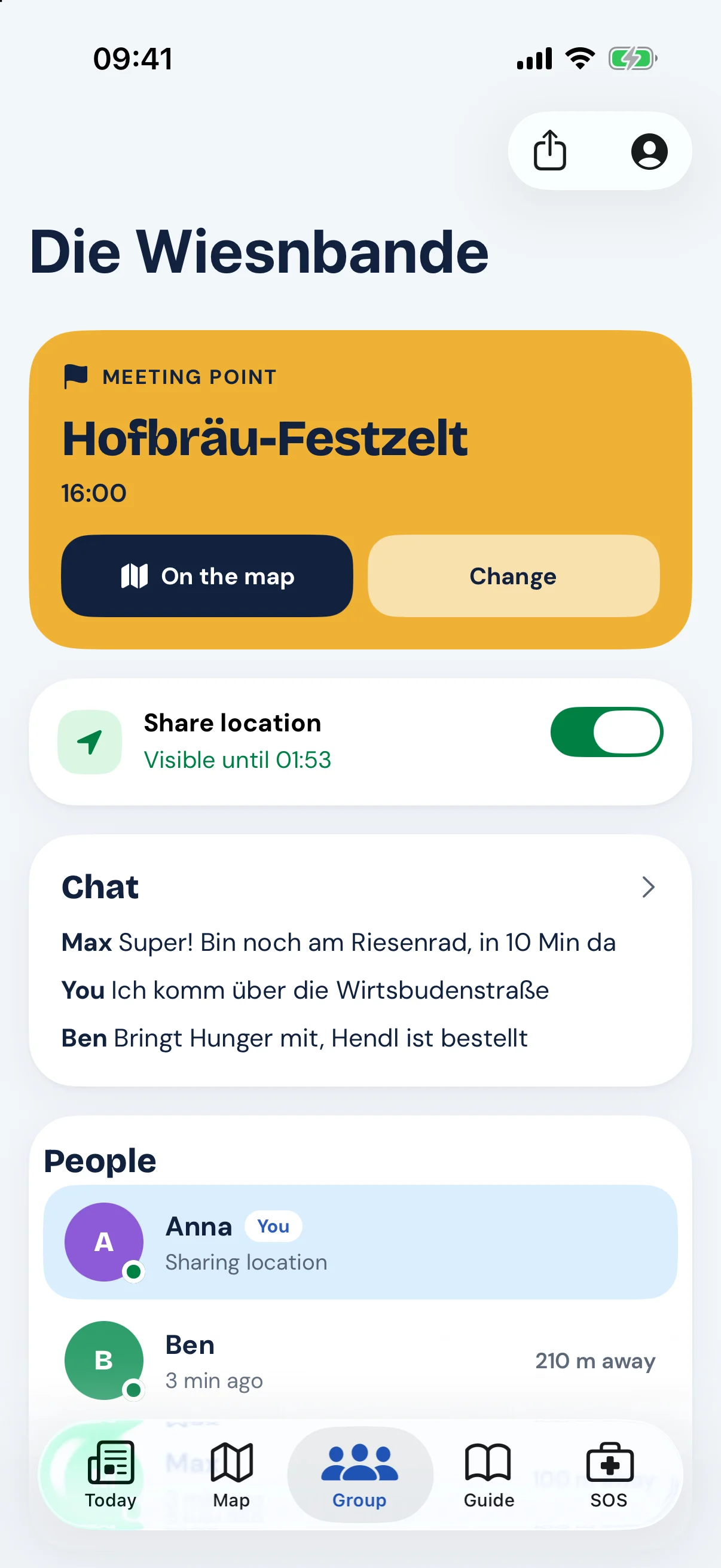 Crew view with meeting point Hofbräu tent, chat and friends with distance